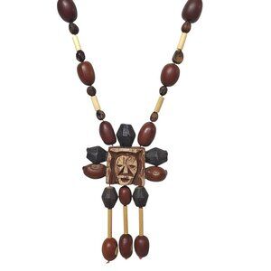 Vintage Handcrafted Tribal Beaded Necklace Face Pendant Boho